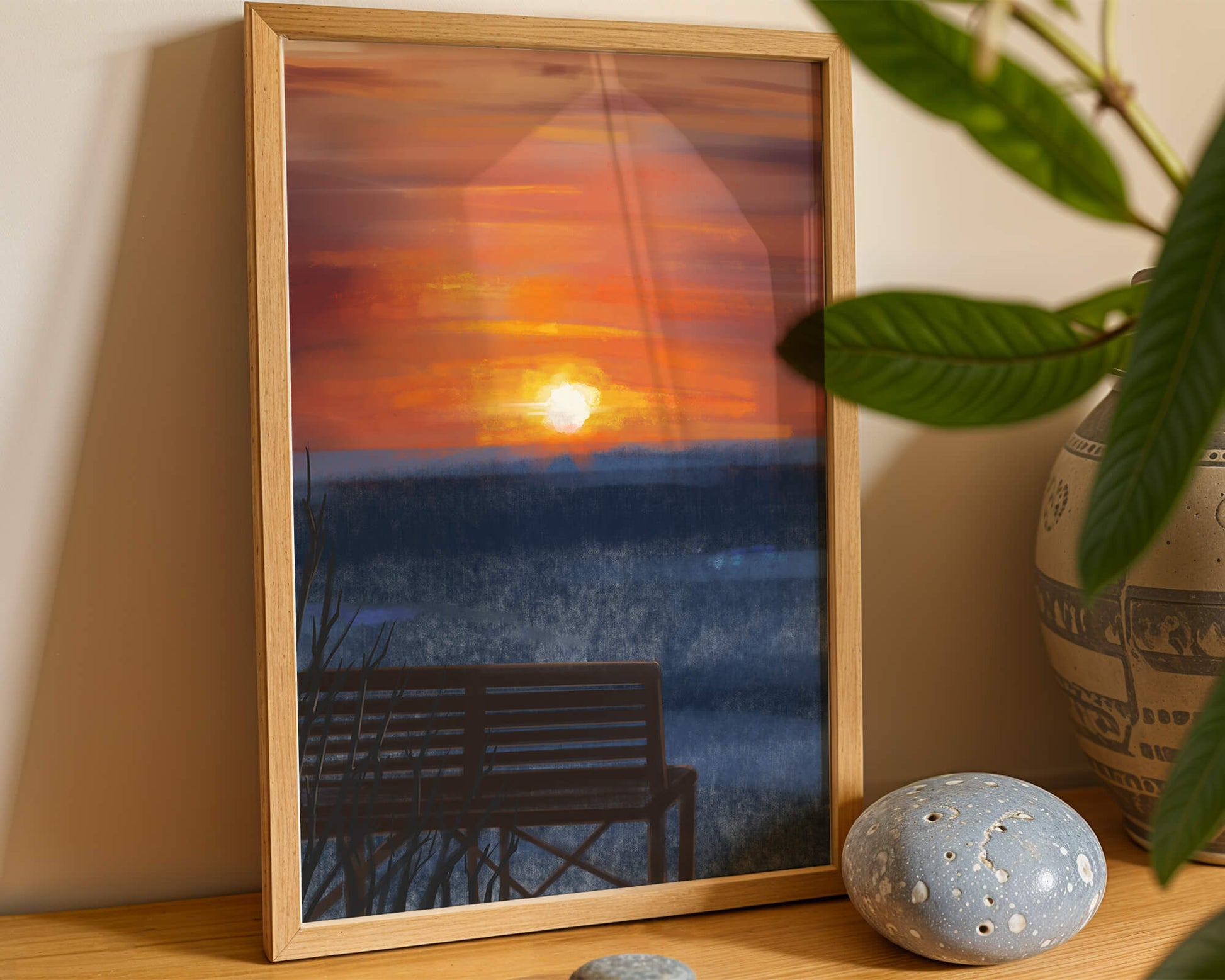 Tranquil Sunset over Ocean with a Lonely Bench