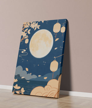 Full Moon Night with Lanterns and Falling Leaves in Tranquil Landscape