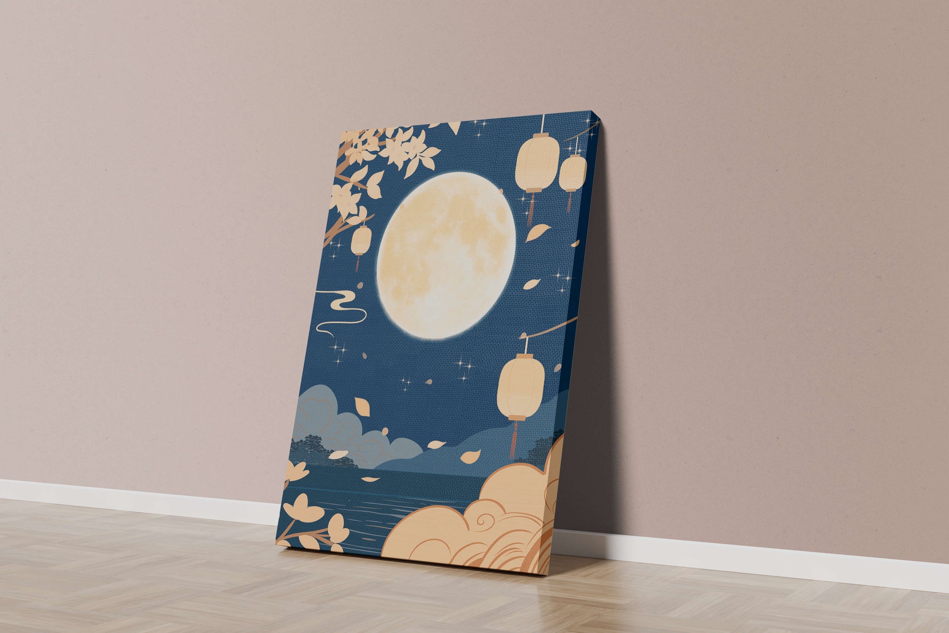 Full Moon Night with Lanterns and Falling Leaves in Tranquil Landscape