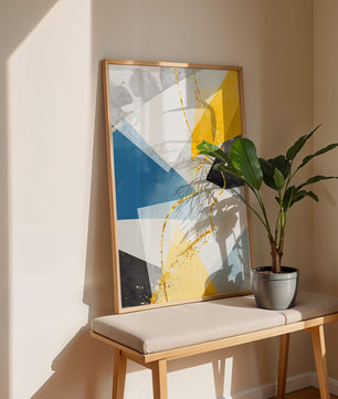 Abstract Geometric Art with Gold Accents in Blue, Yellow, and Gray - Mi tienda