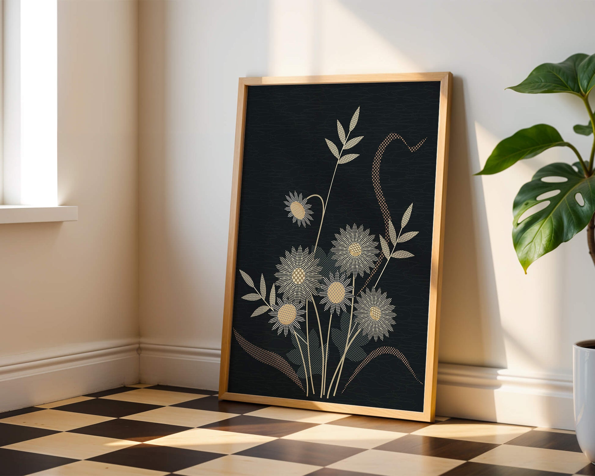 Abstract floral design with intricate patterns on dark background