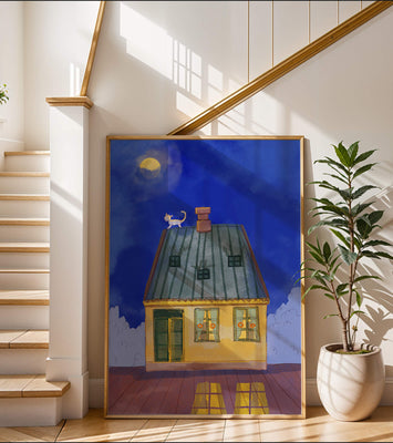 Charming Nighttime House with a Cat on the Roof Under the Moon
