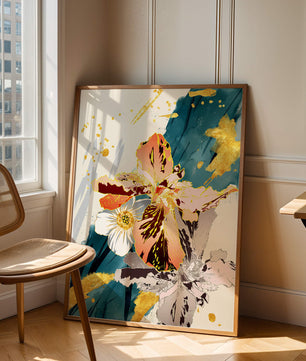 Obra de arte floral abstracta elegante con detalles dorados