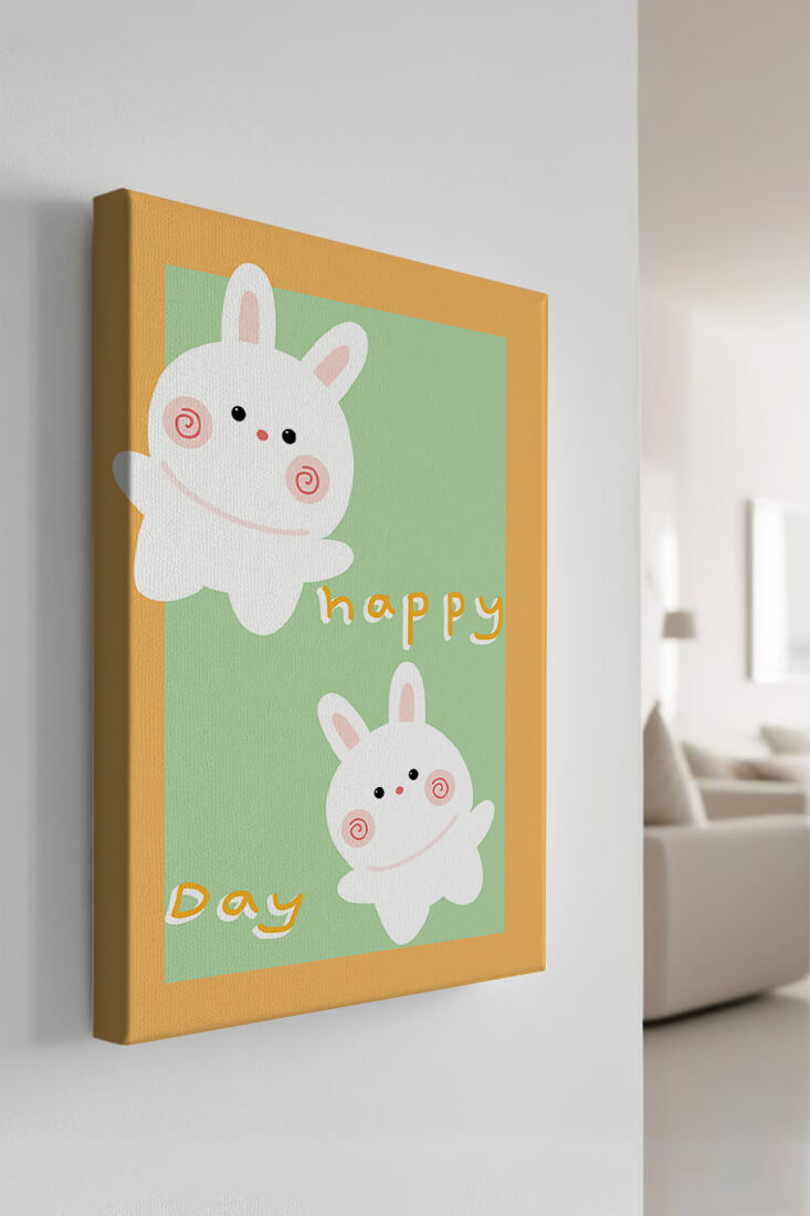 Conejos de dibujos animados juguetones con mensaje de día feliz sobre fondo colorido