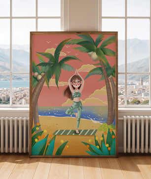 Escena de yoga tranquila en una playa tropical al atardecer