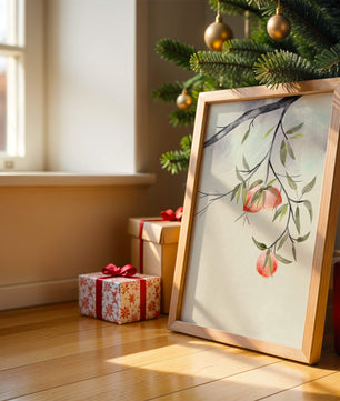 Peaceful Botanical Illustration of Branches with Leaves and Peaches - Mi tienda