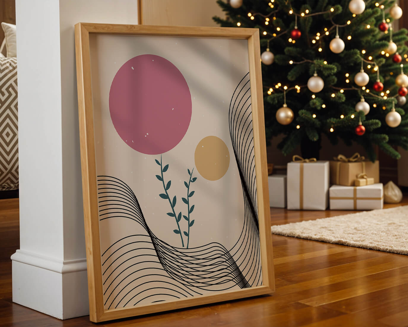 Composition florale abstraite avec des cercles roses et orange sur fond minimaliste