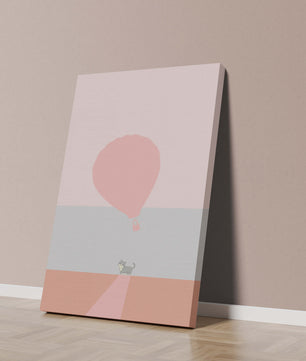 Gato en un paisaje minimalista con globo aerostático