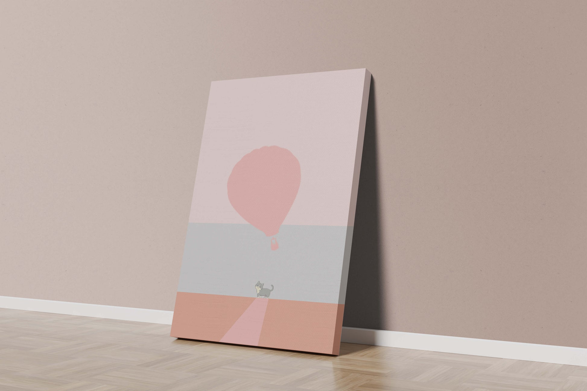 Cat in Minimalist Landscape with Hot Air Balloon