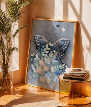 Elegant butterfly with blue floral arrangement artwork