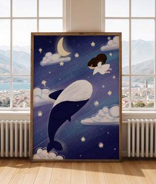 Whimsical night scene with flying angel and whale