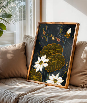 Bassin à carpes koï serein avec des accents de lotus blanc et de poissons dorés