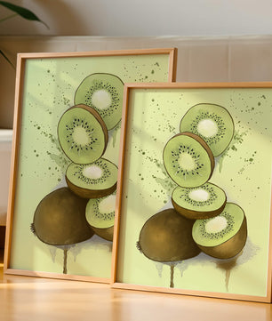 Watercolor illustration of sliced kiwi fruit with splashes
