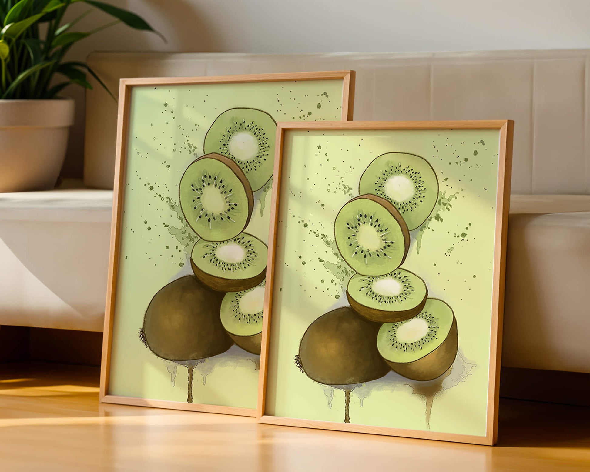 Watercolor illustration of sliced kiwi fruit with splashes