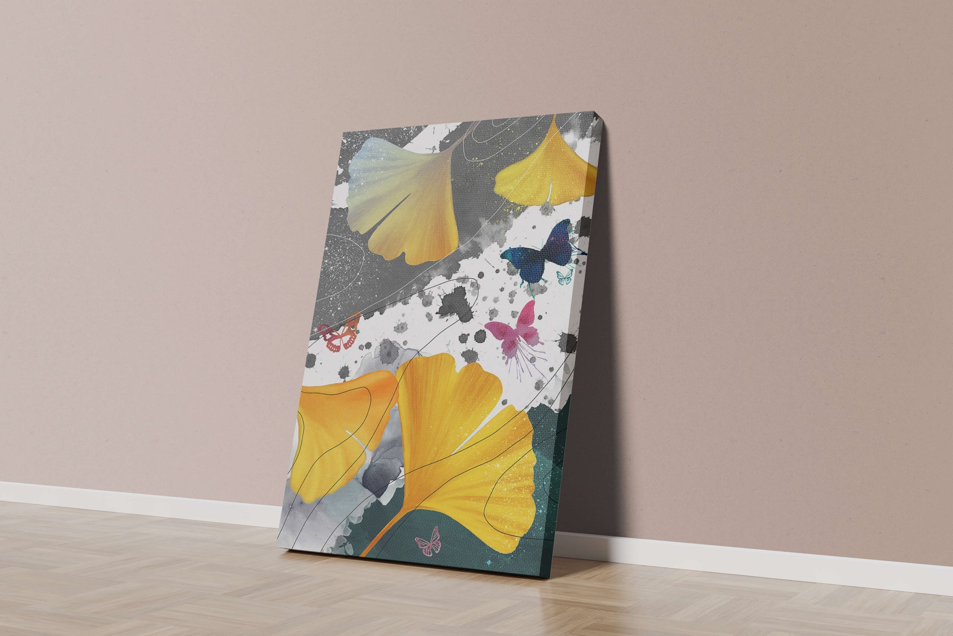 Composición artística con hojas amarillas y mariposas