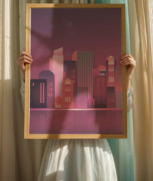 Modern Abstract Cityscape at Sunset with Reflective Water - Mi tienda