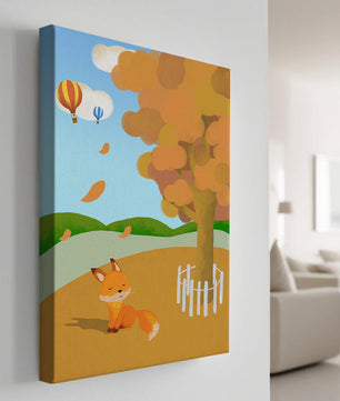 Herbstszene mit einem süßen Fuchs, Heißluftballons und einem bunten Baum