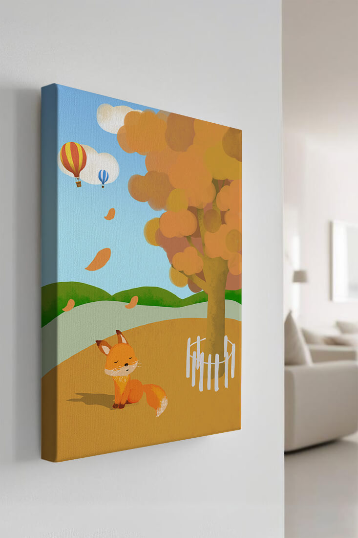 Herbstszene mit einem süßen Fuchs, Heißluftballons und einem bunten Baum