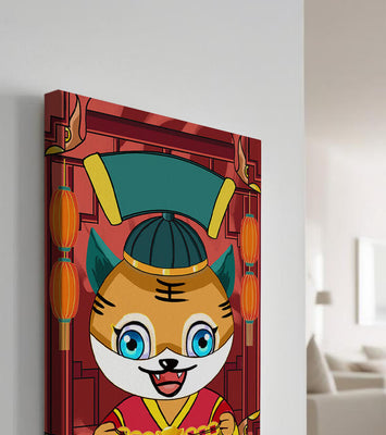 Colorful cartoon tiger with lanterns and traditional elements