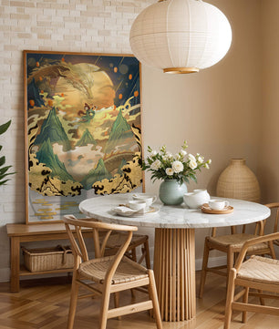 Mythical dragon and warrior painting with golden elements against a mountainous landscape