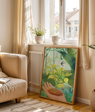 Hand hält eine wachsende Pflanze mit ruhigem Waldhintergrund und Vogel