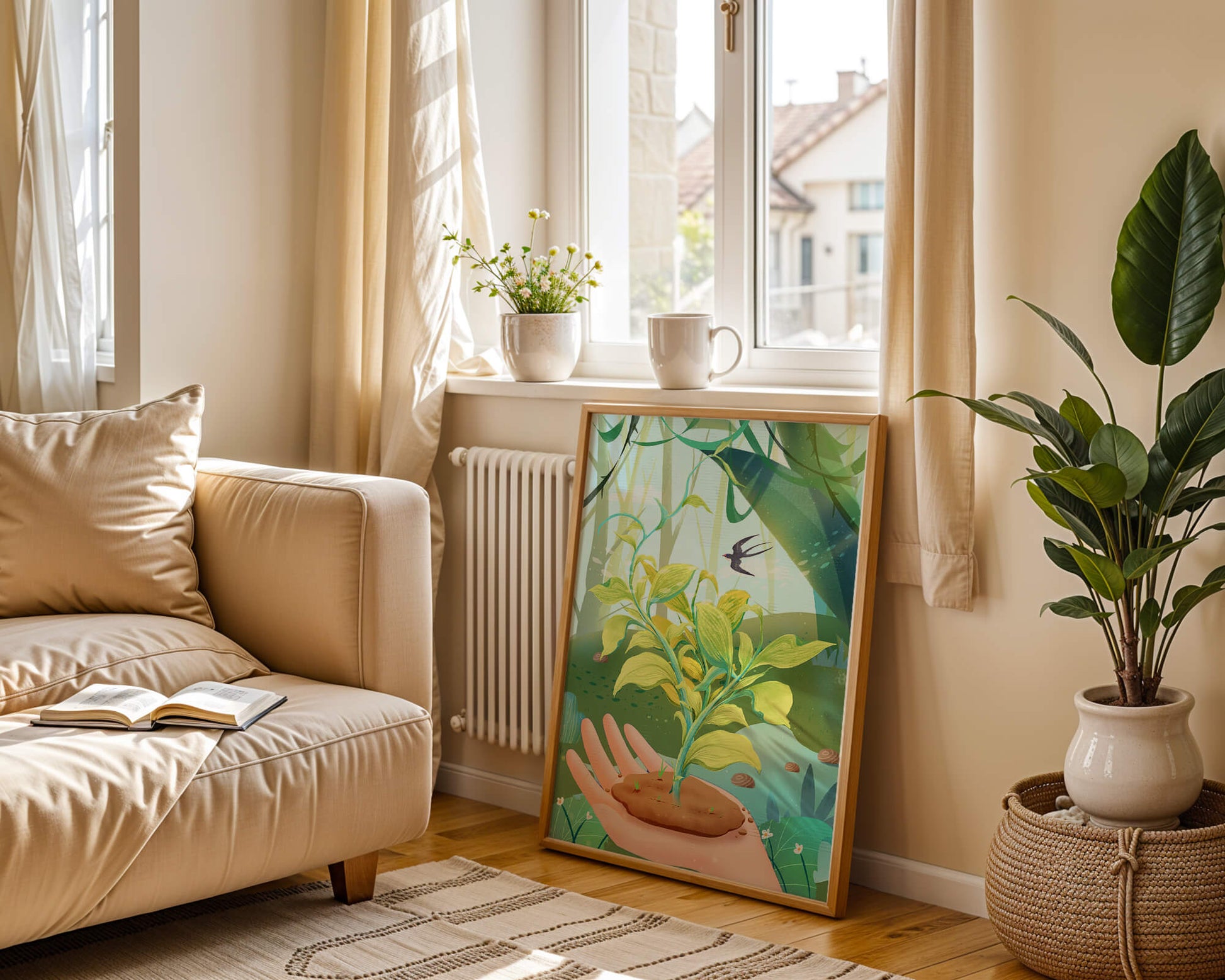 Hand hält eine wachsende Pflanze mit ruhigem Waldhintergrund und Vogel