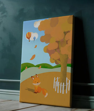 Herbstszene mit einem süßen Fuchs, Heißluftballons und einem bunten Baum