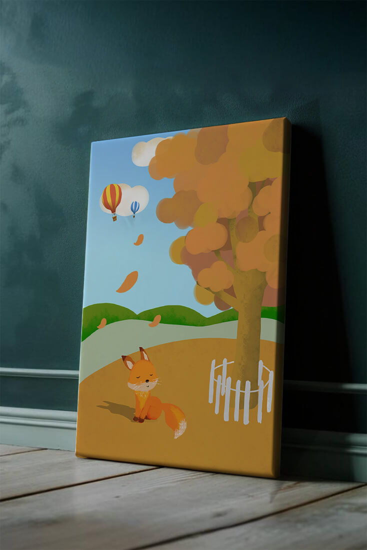 Herbstszene mit einem süßen Fuchs, Heißluftballons und einem bunten Baum