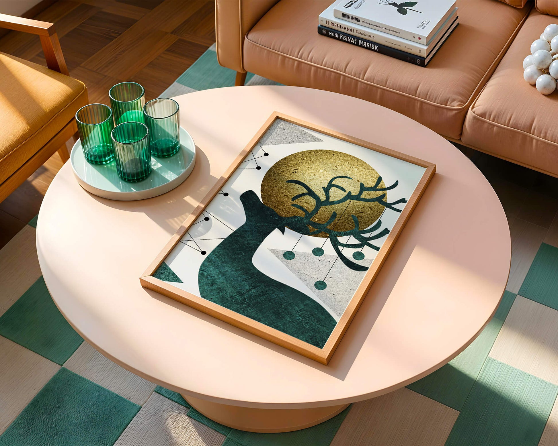 Abstract Geometric Deer with Gold Circle and Modern Design