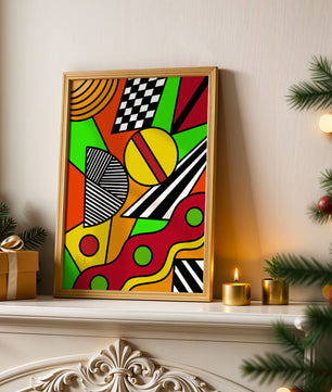 Vibrant geometric abstract artwork with bold colors and shapes