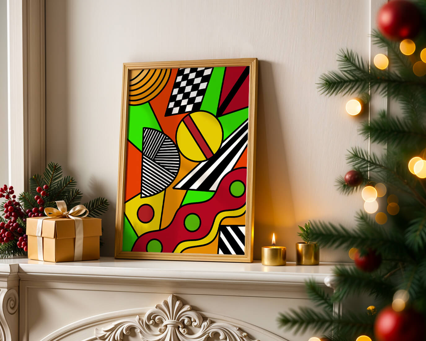 Vibrant geometric abstract artwork with bold colors and shapes