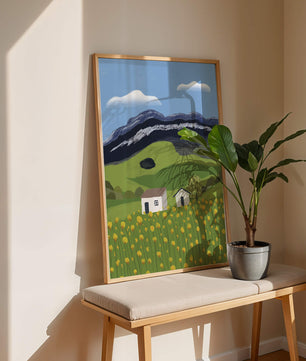 Sunny Landscape with Green Fields and Mountains