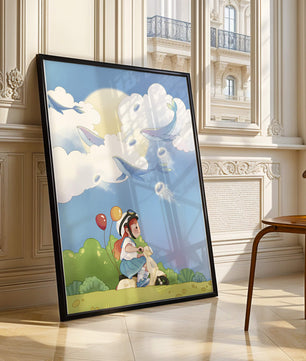 Whimsical illustration of a child riding a scooter with floating whales and balloons