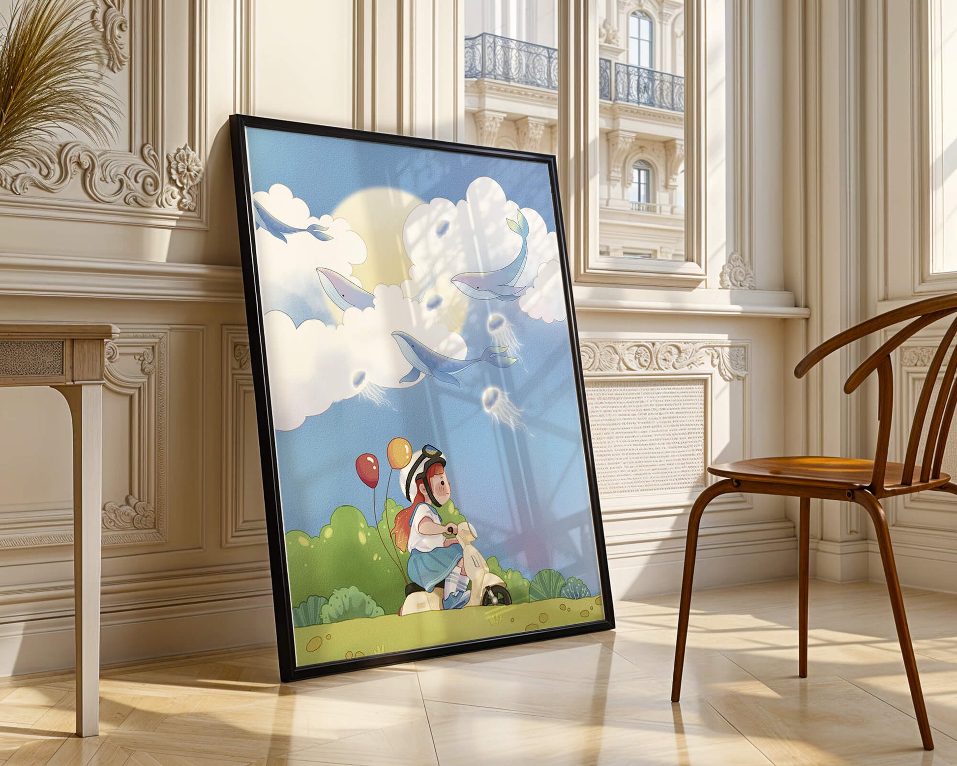 Whimsical illustration of a child riding a scooter with floating whales and balloons
