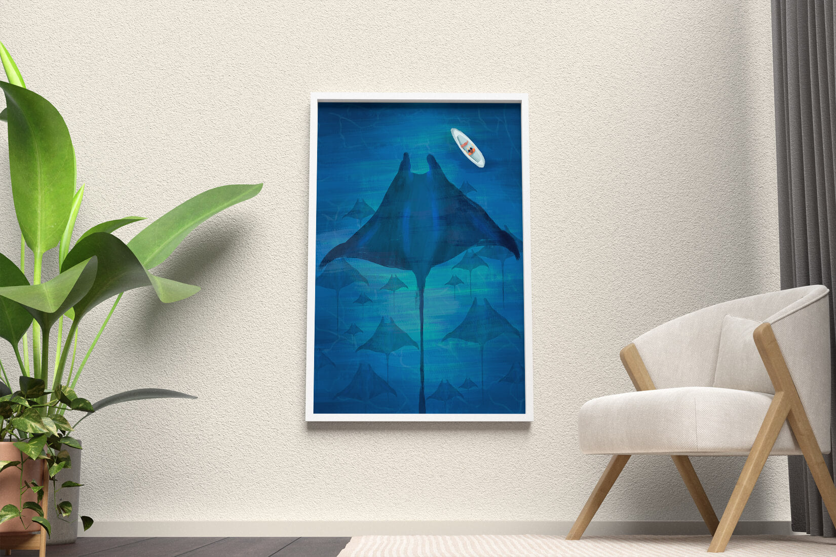 Serene underwater scene with manta rays and a lone kayak