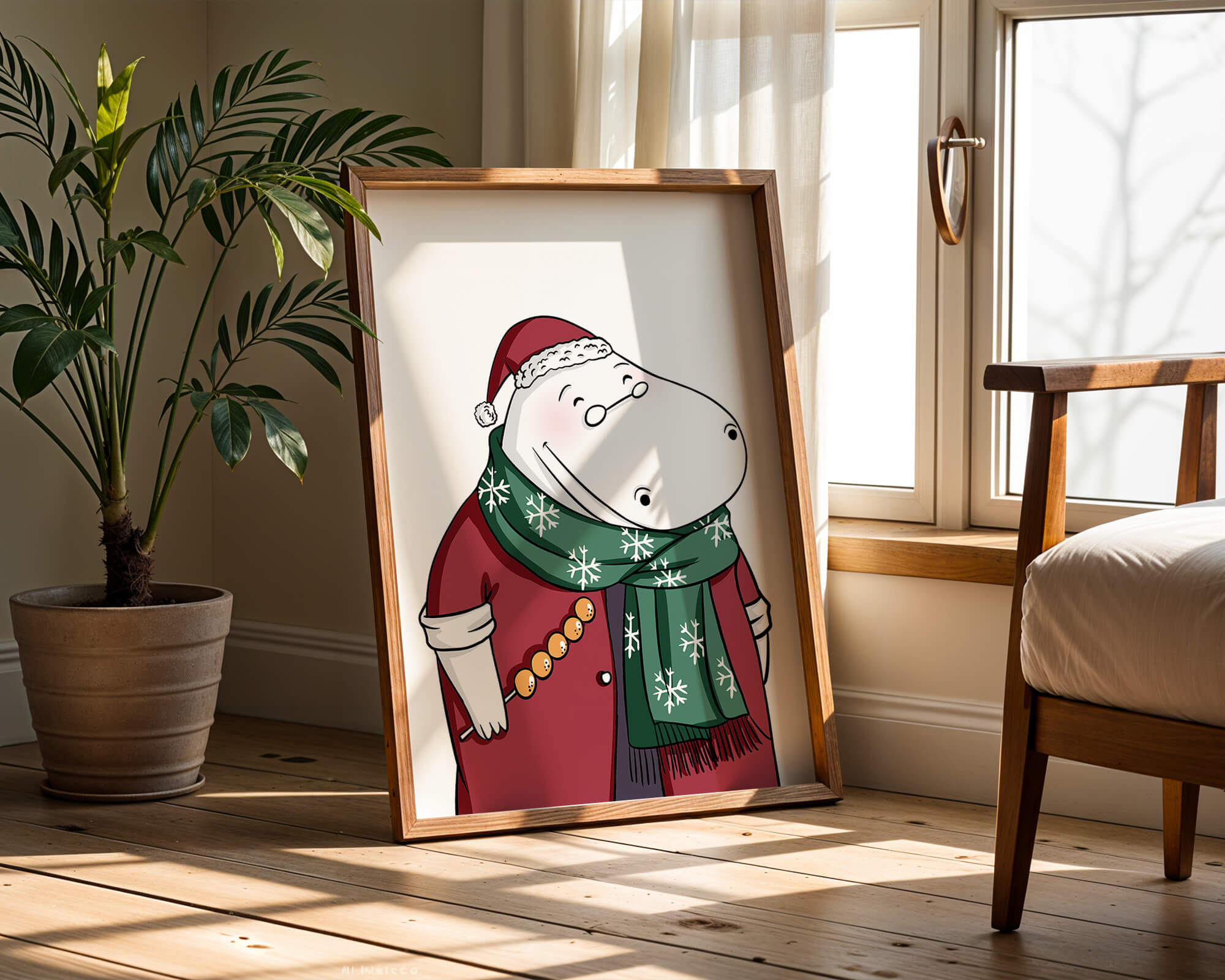 Festive hippo in a red outfit with a green snowflake scarf