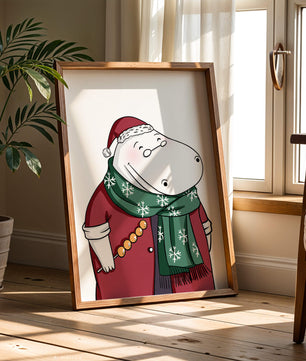 Festive hippo in a red outfit with a green snowflake scarf