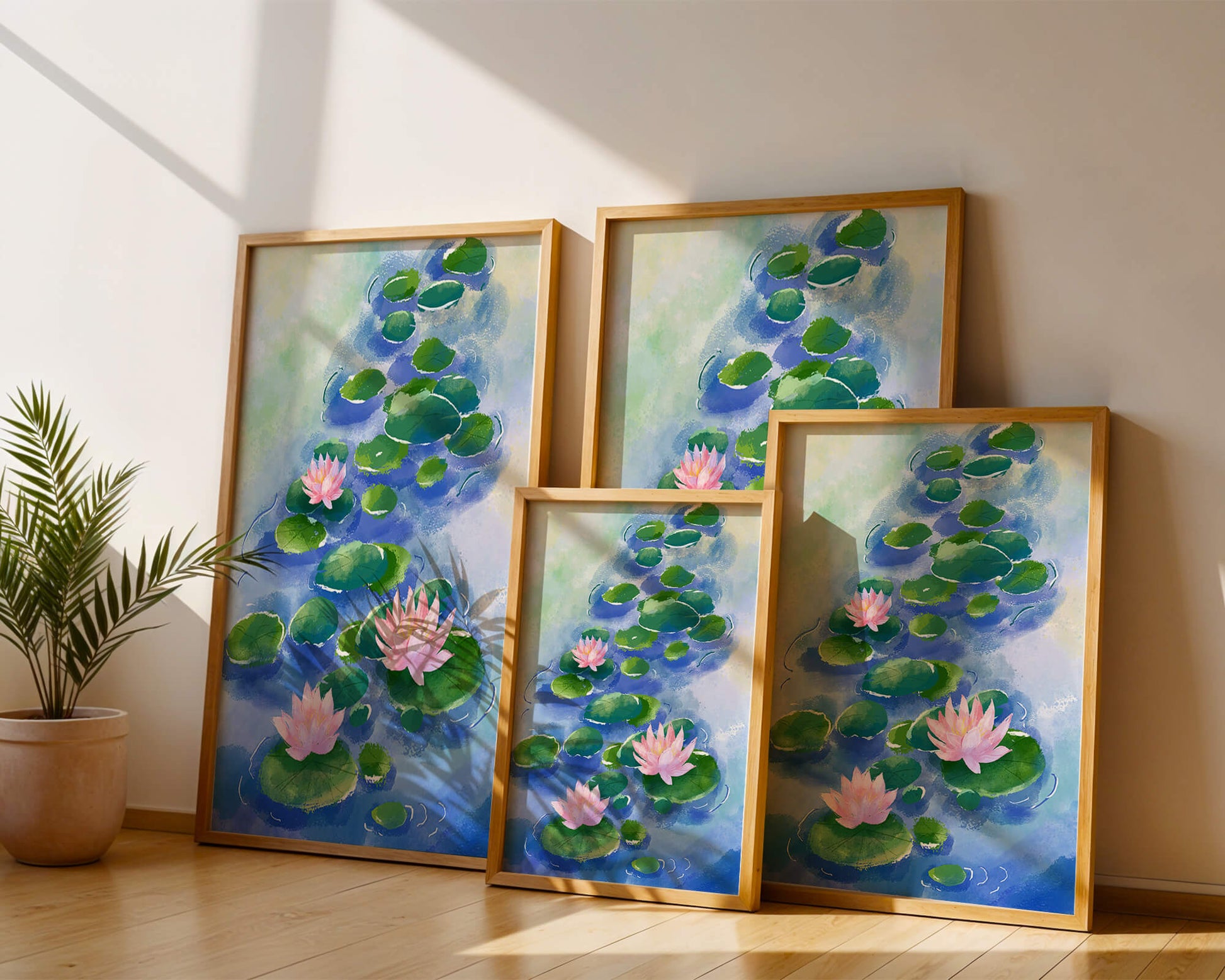 Escena acuática serena con flores de loto rosadas y nenúfares sobre una superficie de agua tranquila.