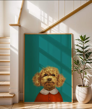 Portrait de caniche charmant en tenue de fête sur fond turquoise