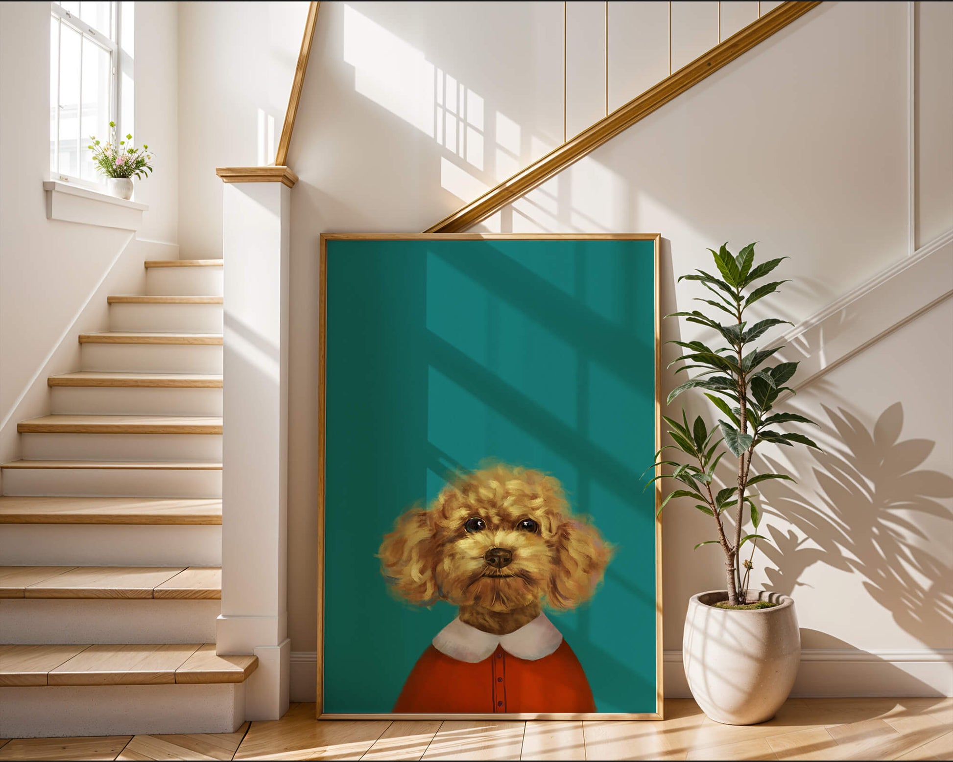 Portrait de caniche charmant en tenue de fête sur fond turquoise