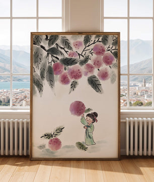 Ilustración encantadora de un niño con ropa tradicional, bayas vibrantes y hojas exuberantes