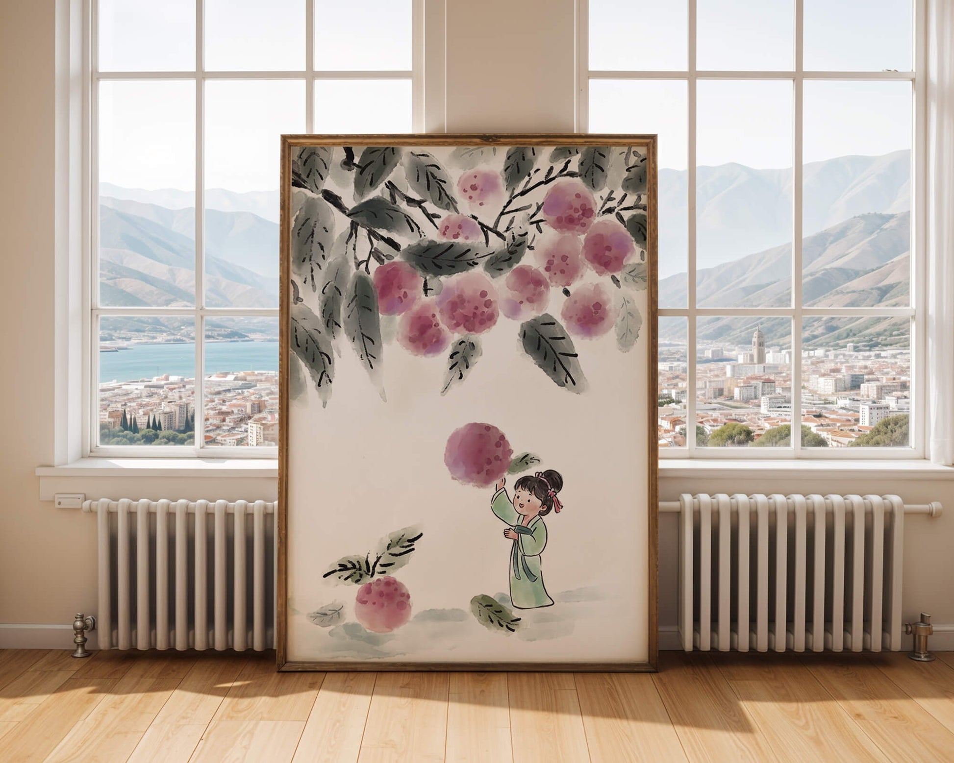 Ilustración encantadora de un niño con ropa tradicional, bayas vibrantes y hojas exuberantes