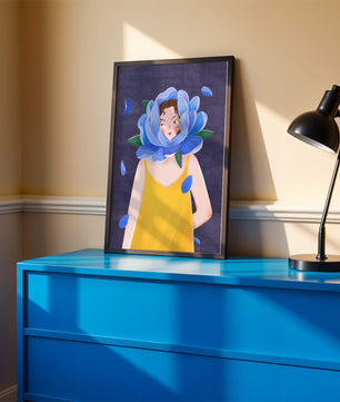 Illustration of woman with blue flower head and yellow dress