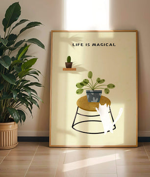 Ilustración encantadora de un gato con planta y mensaje inspirador