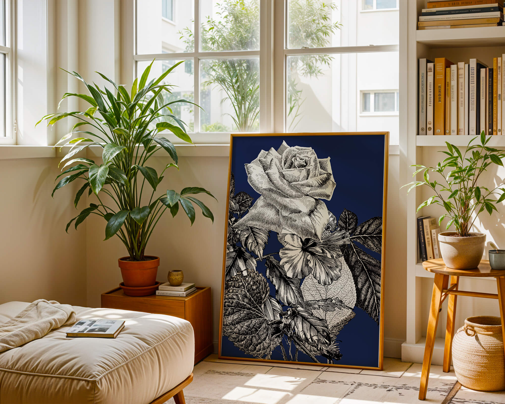 Intricate botanical illustration of roses and foliage on a deep blue background