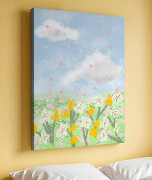 Paysage printanier avec nuages et fleurs