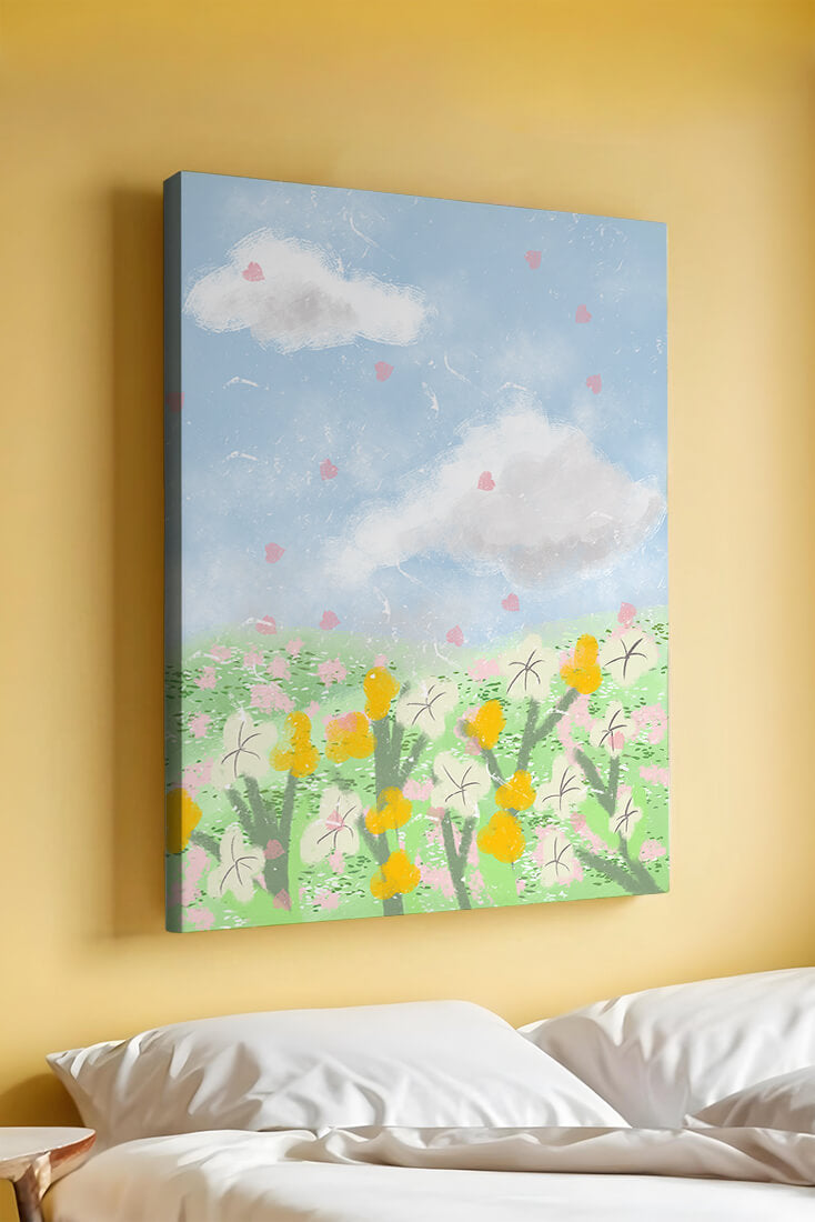 Paysage printanier avec nuages et fleurs