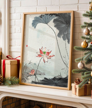 Aquarell Lotusblüte mit Seerosenblättern in ruhiger Szene