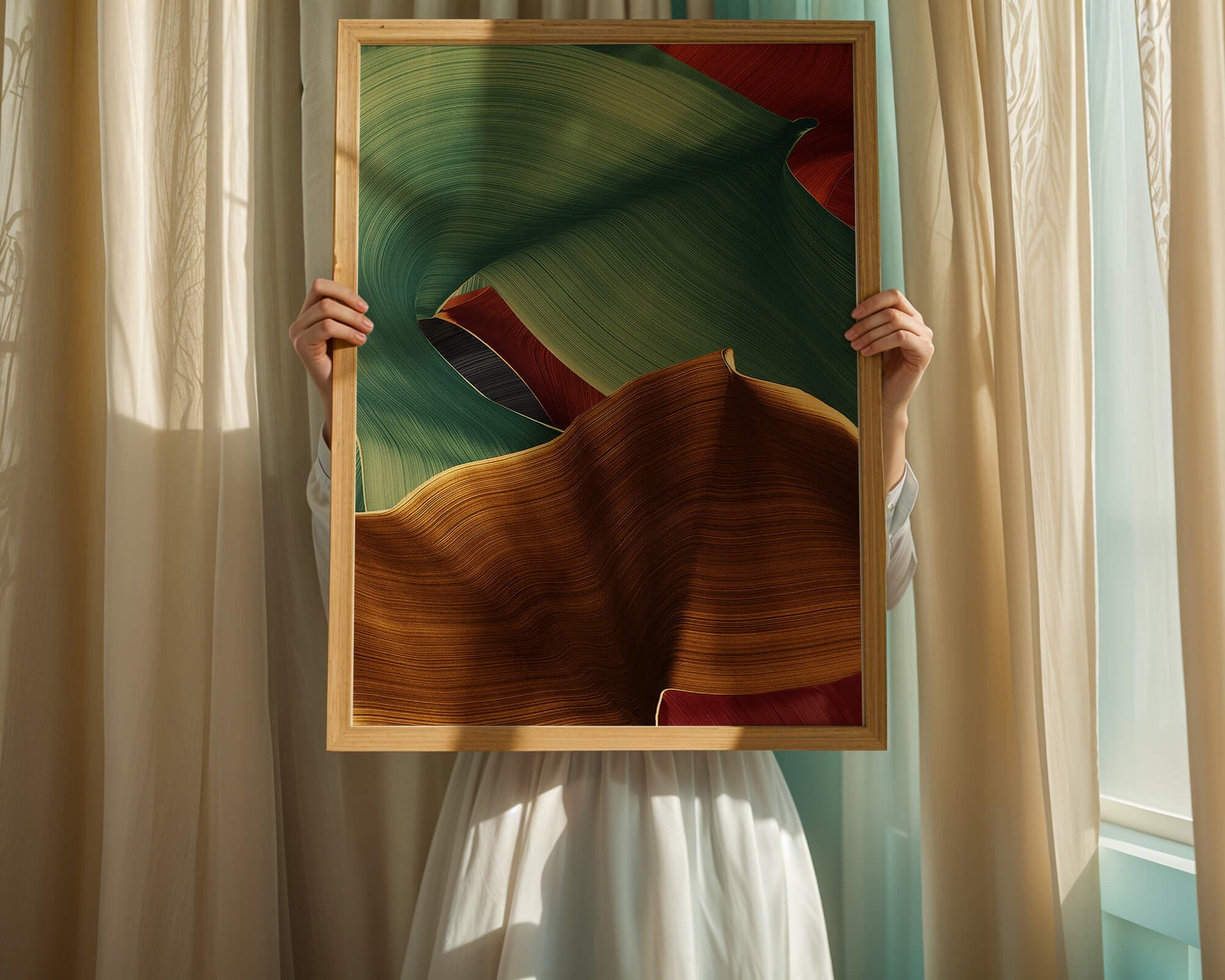 Abstrakte Komposition mit fließenden Texturen in Grün und Gold