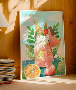 Bezaubernde Sommergetränk-Illustration mit Früchten, Blättern und einem Kind